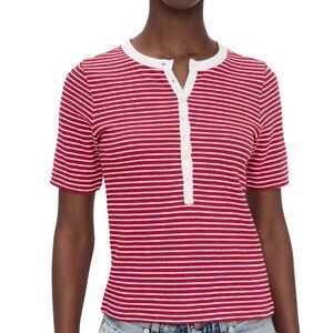 Madewell Striped Elbow-Sleeve Henley Tee Cherry Red Size XS NWT Preppy Classic